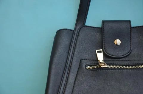 High angle view of premium black color leather handbag with negative space  Stock Photos
