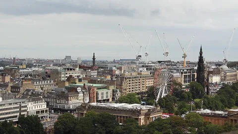 High angle view of Princess Street &amp; the Scott Memorial Edinburgh, Scotland Stock Footage 141581531