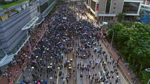 High Angle View of Protest in Hong Kong Skyscraper Zone Video stock 313322087