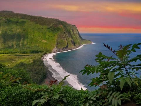 High Angle View of Punalu'u Punaluu Black Sand Beach From the Cliffs Above on Stock Photos