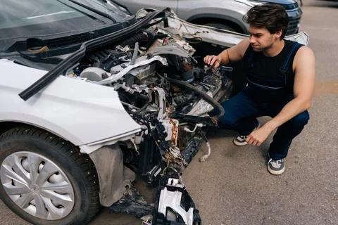 High-angle view of puzzled mechanic male examining front of car without bumper Stock-Fotos