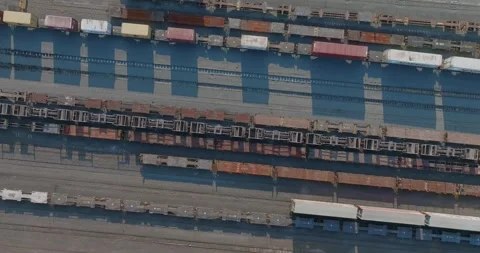 High-angle view of rail yard, freight cars and containers. PENROSE, AUCKLAND, NZ Stock-Footage 296037334