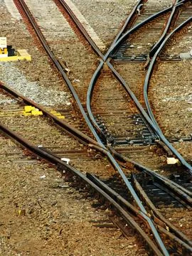 High angle view of a railroad track with several different tracks. Foto stock