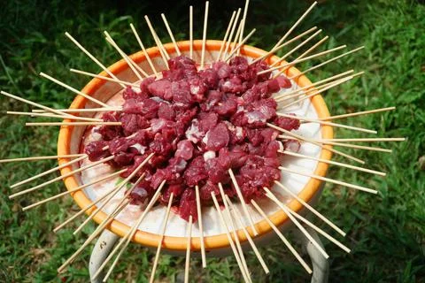 High Angle View of Raw Beef Skewers Formed in Circle on Grass Stock Photos
