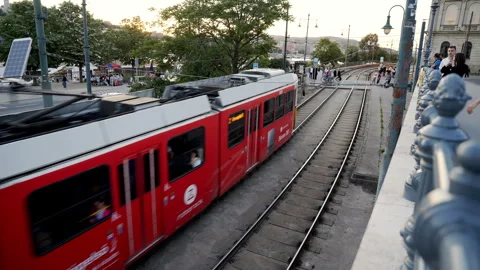 High angle view of red and yellow tram driving in Budapest Hungary 库存影片 348623639