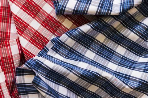 High angle view red blue chequered pattern fabric Stock Photos