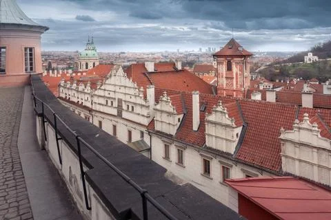 High angle view of red roofs of historical center of Prague. Warm pastel colors Stock Photos