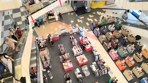 High angle view of a retail bazaar inside a modern shopping mall Видео 337929597