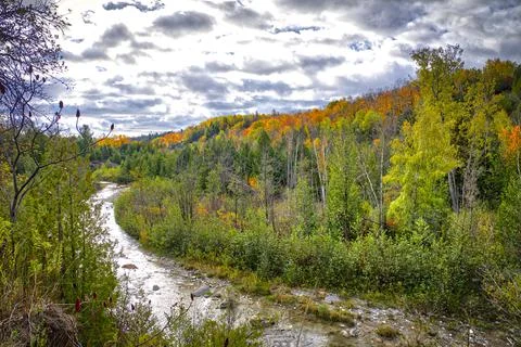 High-angle view of a river valley in the National Park in autumn. Stock Photos