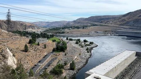 High Angle View Of River Valley Below Dam Stock Photos