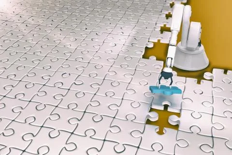 High angle view of robot setting up jigsaw 3d イラスト素材