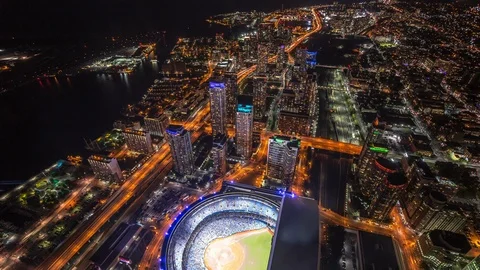 High angle view of Rogers Centre and Toronto waterfront area time lapse at night Stockbeeldmateriaal 119135117