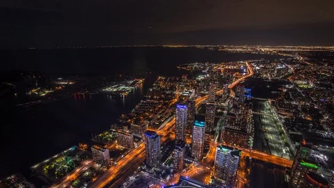 High angle view of Rogers Centre and Toronto waterfront area time lapse at night Stockbeeldmateriaal 119135241