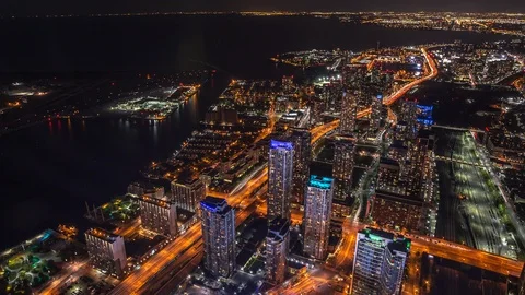 High angle view of Rogers Centre and Toronto waterfront area time lapse at night Stockbeeldmateriaal 119135273