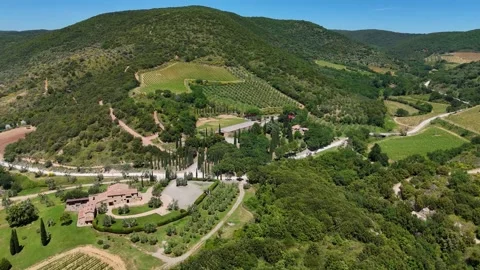High Angle View of Rural Tuscan Farmhouse and Vineyard Terraces Stock Footage 345945691