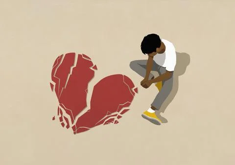 High angle view sad man looking down at broken heart Stock Illustration