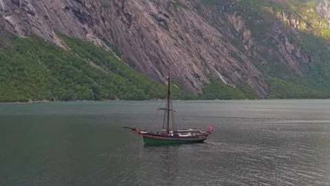 High angle view of sailboat in scenic waters of Hardangerfjord Stock Footage 320245502