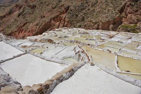 High Angle View Of Salt Pools At Maras Stock Photos