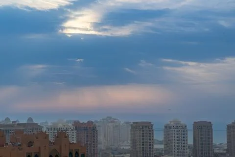 High angle view of sea and buildings against sky ' Pearl-Qatar buildings' Stock Photos