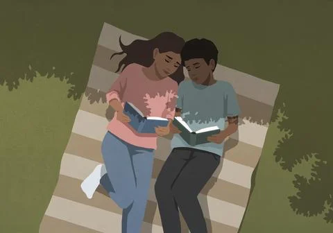 High angle view of serene young couple reading books on blanket under shady tree Ilustração Stock