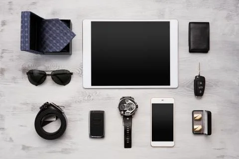 High angle view of a set of modern businessmen accessories Stock Photos