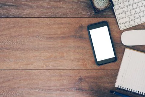 High angle view of a setting table computer, phone, tablet of business workpl Stock Photos
