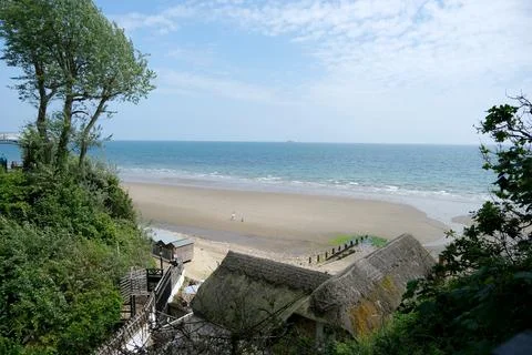 High Angle View of Shanklin Beach and Thatched Buildings from the Chine Stock Photos