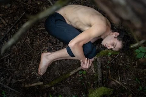 High angle view of shirtless man hugging knees while sleeping on land in forest Stock Photos