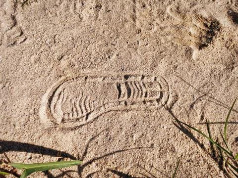 High Angle View of Shoe Print in the Sand Stock Photos