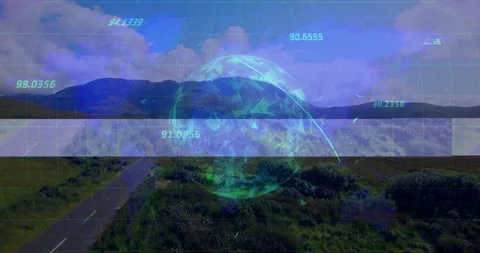 High-angle view showing holographic sphere materializing, arcs and grid Stock Footage 312904650