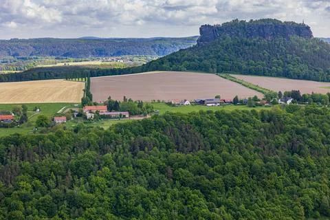 High angle view shows German farmland and countryside Stock Photos