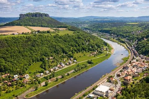 High angle view shows German village and Elbe River Stock Photos