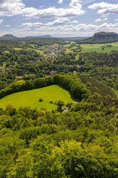High angle view shows scenic German countryside Stock-Fotos