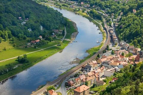 High angle view shows small German town and Elbe River Stock Photos
