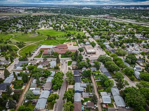 High-angle view shows Westview's orderly suburban layout Stock Photos