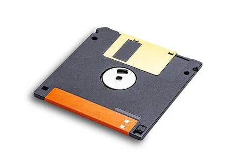 High angle view of single old data storage technology black floppy disk. Stock Photos