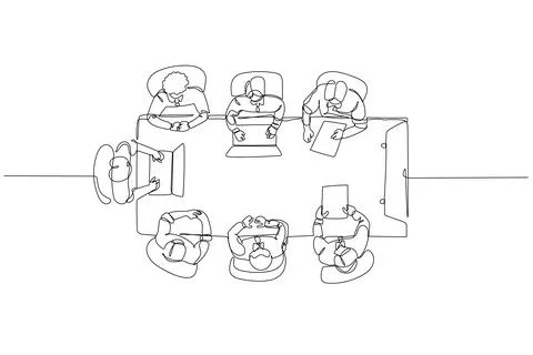 High-angle view six professionals collaborating around table Stock Illustration