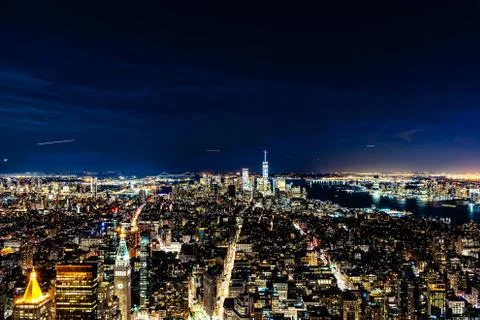 High angle view of the skyline of Manhattan at night Stock Photos