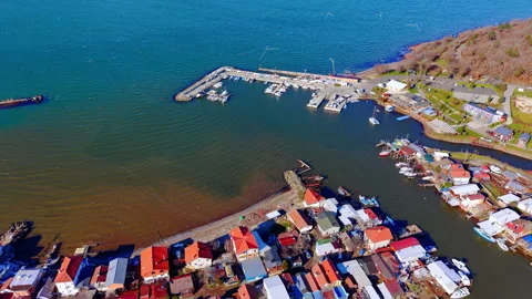 High angle view of a small harbor and docks, Burgas, Bulgaria Stock Footage 336341175