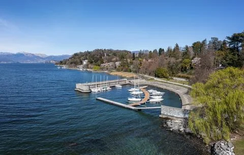 A high angle view of the small harbor and marina in Ispra on the shores of Lake Stock Photos