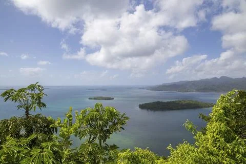 High angle view of small islands of the Marovo Lagoon in Solomon Islands Fotos de archivo