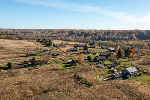 High angle view of a small rural settlement with old wooden houses situated Stock Photos