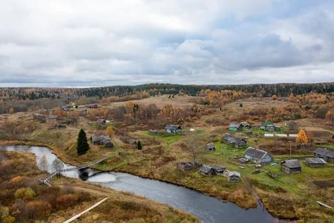 High angle view of a small traditional rural settlement with wooden houses and Stock Photos