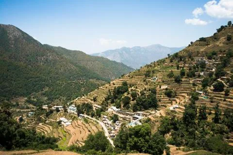 High angle view of small village with terraced field, uttarkashi district, ut Stock Photos