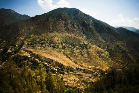 High angle view of small village with terraced field, uttarkashi district, ut Stock Photos