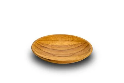 High angle view of small wooden plate on white background. Stock Photos