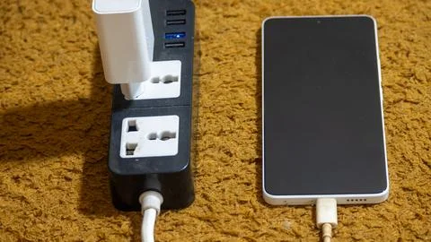 High Angle View of a Smartphone and Power Strip Charging on Carpet Floor Stock Photos