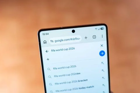 High Angle View of Smartphone Showing Google Search for FIFA World Cup 2026. 库存照片