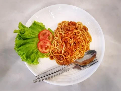 High Angle View of Spaghetti with Minced Beef on White Plate Stock Photos