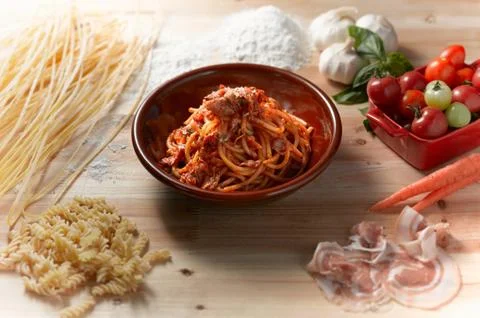 High angle view of spaghetti with parma ham sauce in bowl Stock Photos